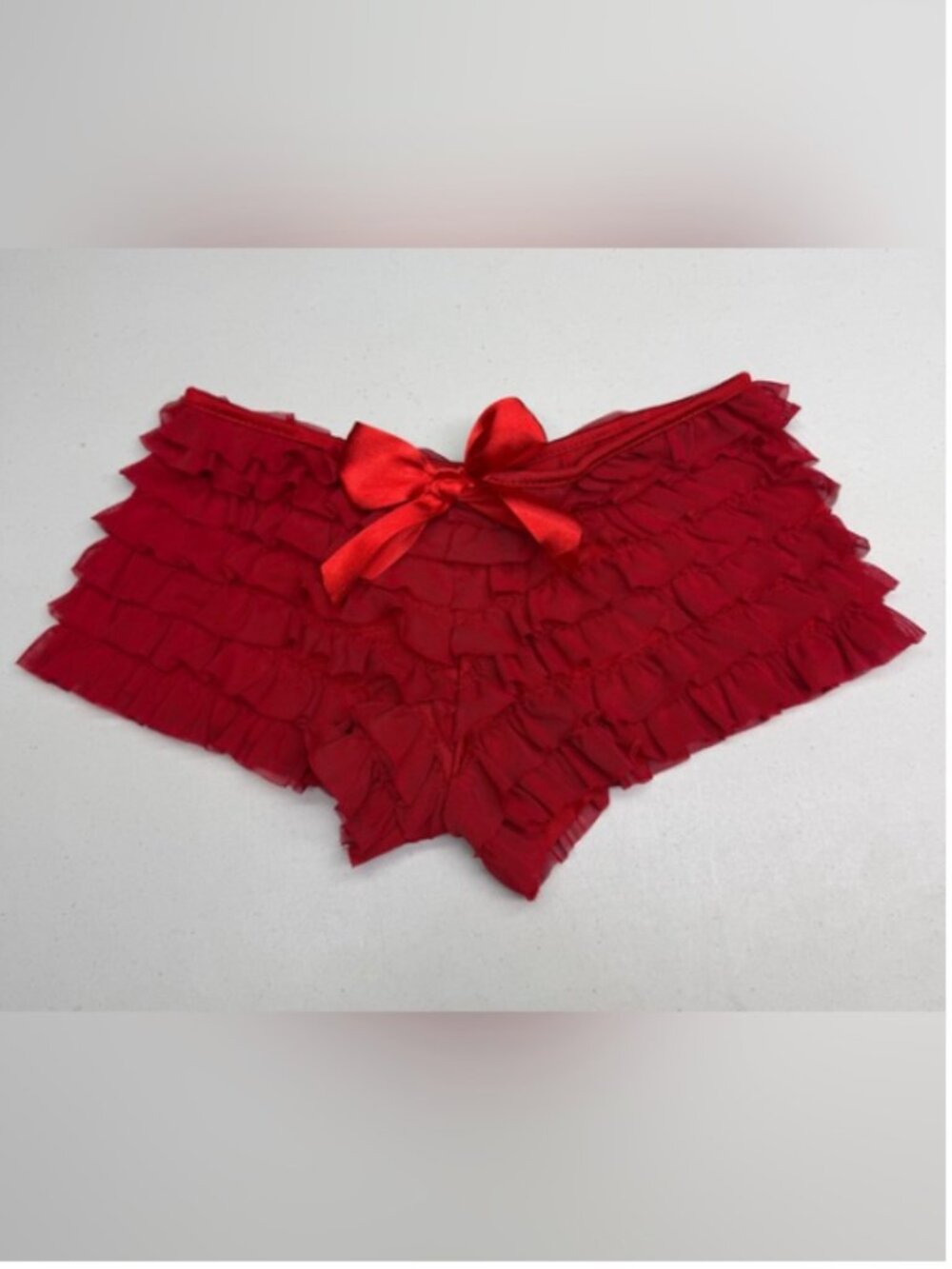 Coquette Red Ruffle Boyshort Booty Shorts with Satin Bow – XS
